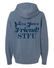 The back of a hoodie with the words You're Just A Friend STFU printed in blue on the back on most of the middle back.